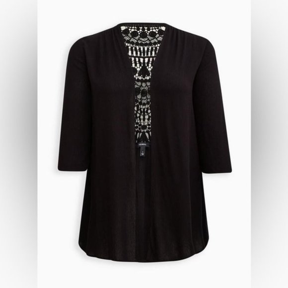 Host Pick Women’s Torrid 1 Black Crinkle Gauze Crochet Lace Inset Kimono 1X 1XL - Picture 2 of 14